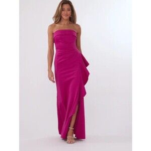 Strapless Fuchsia Ruffle-Detail Evening Gown